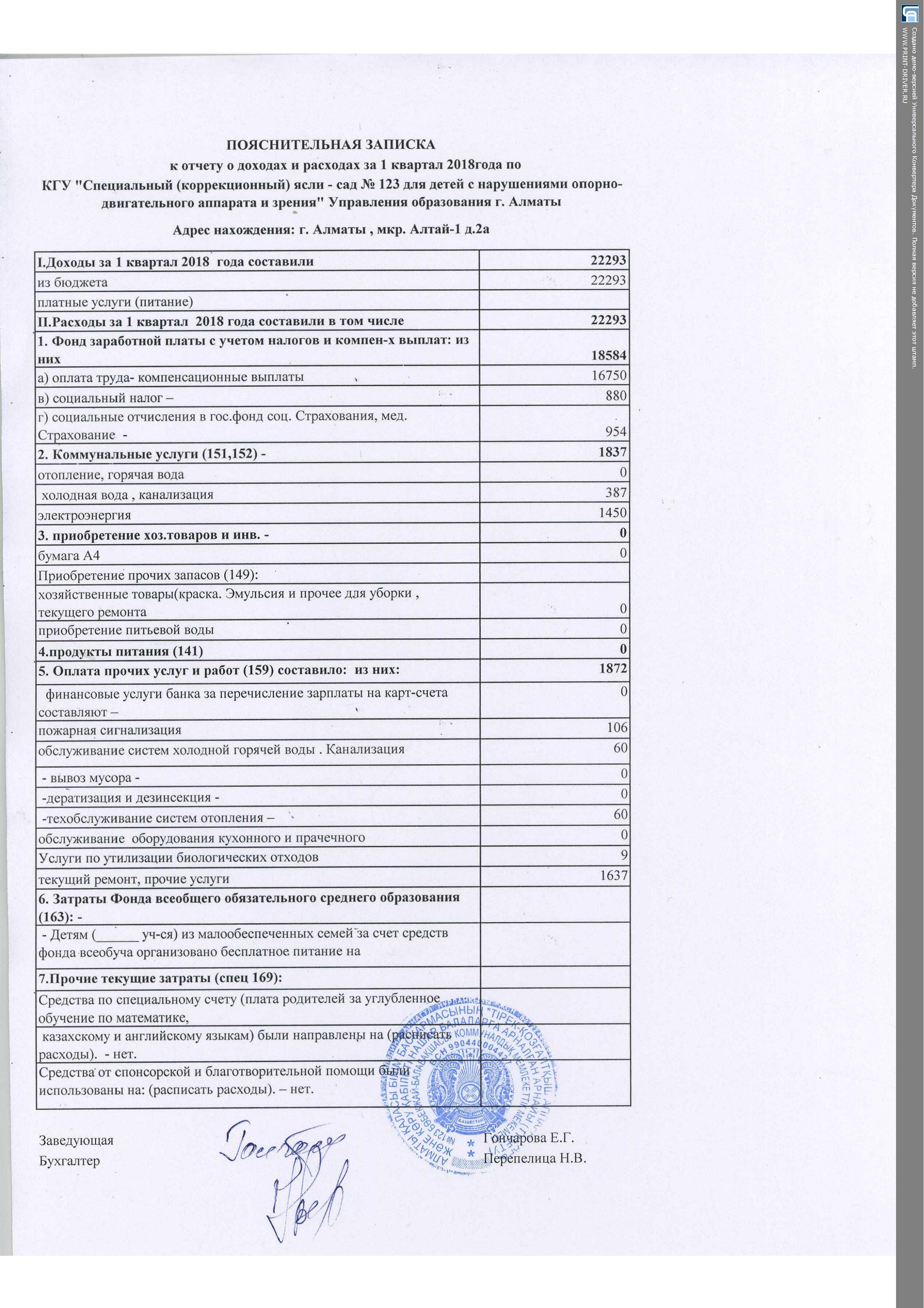 Отчет о доходах и расходах  за 1 квартал 2018 года