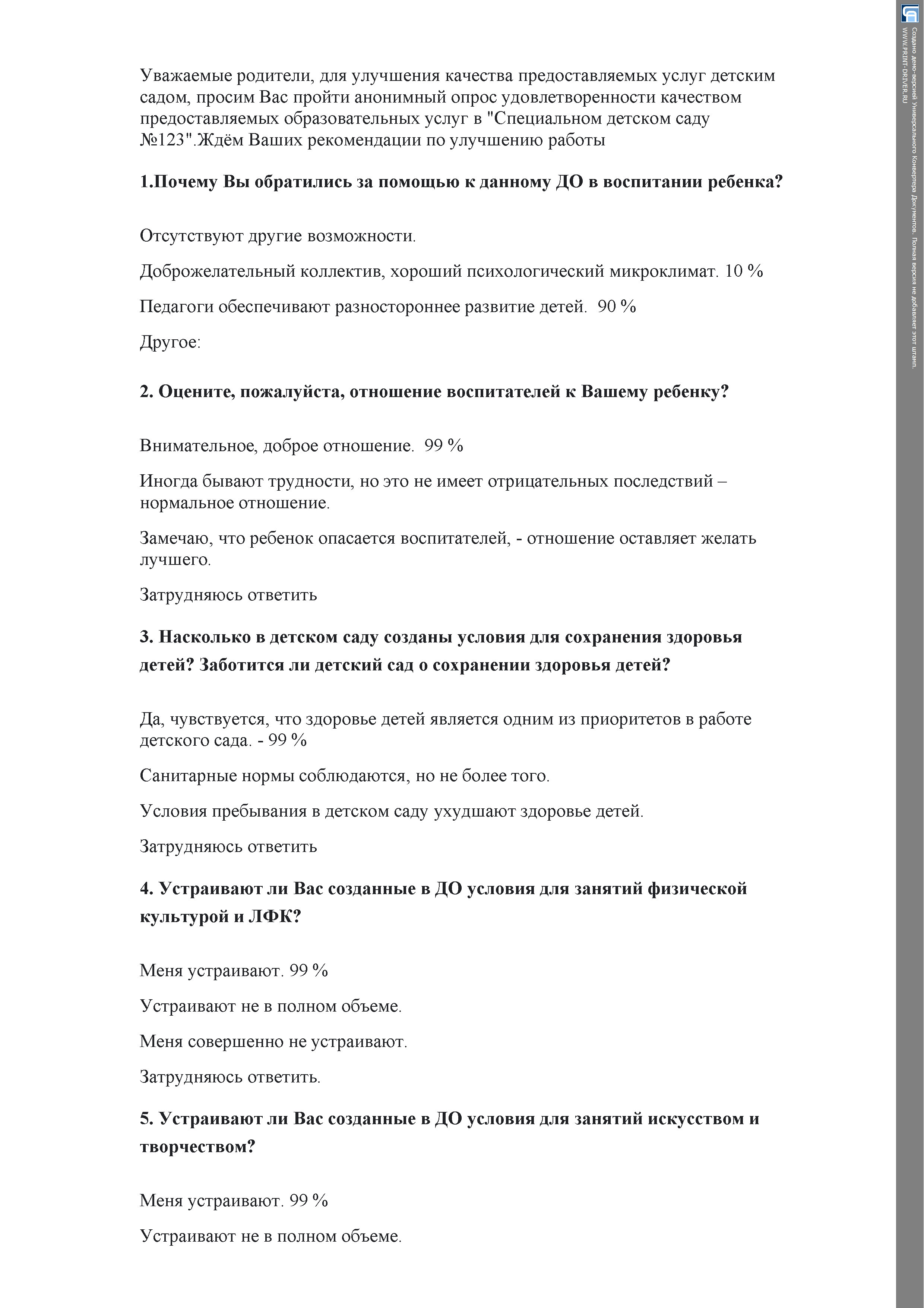 Результаты опроса удовлетворенности качеством предоставляемых образовательных услуг в "Специальном детском саду №123"